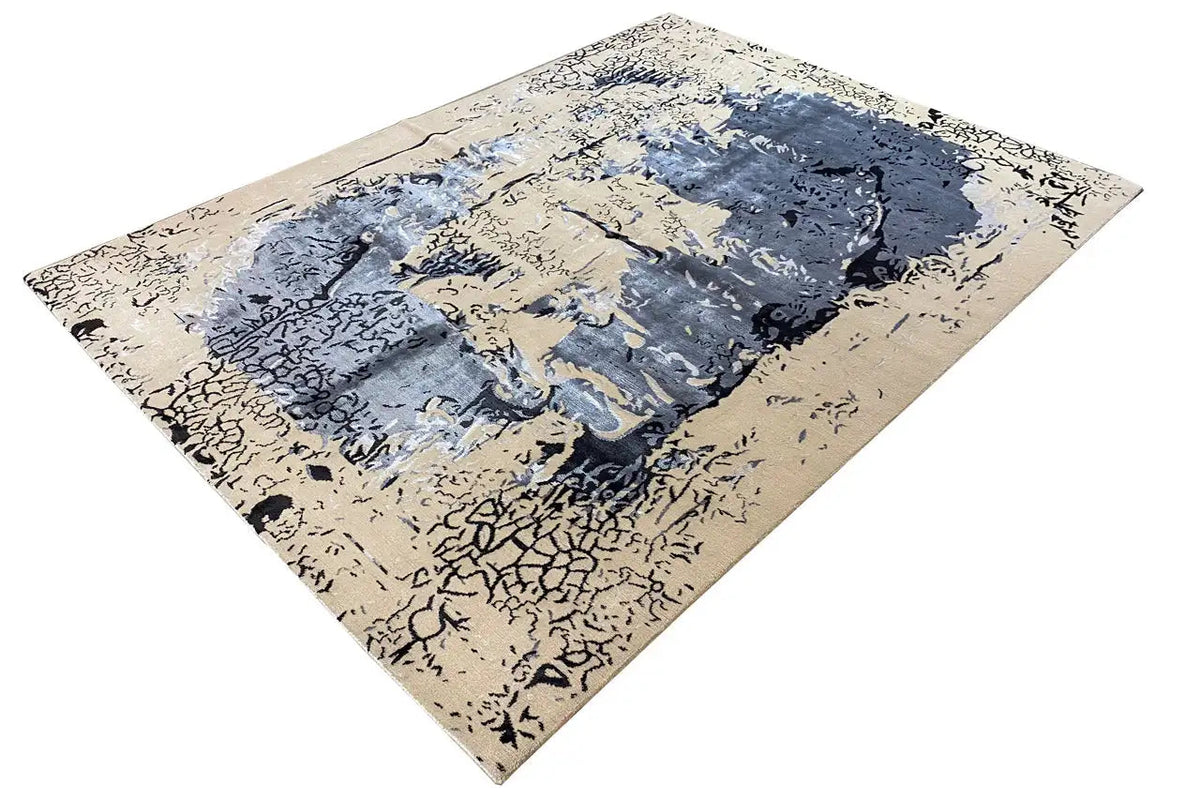 Designer rug with an abstract beige and blue pattern, rectangular