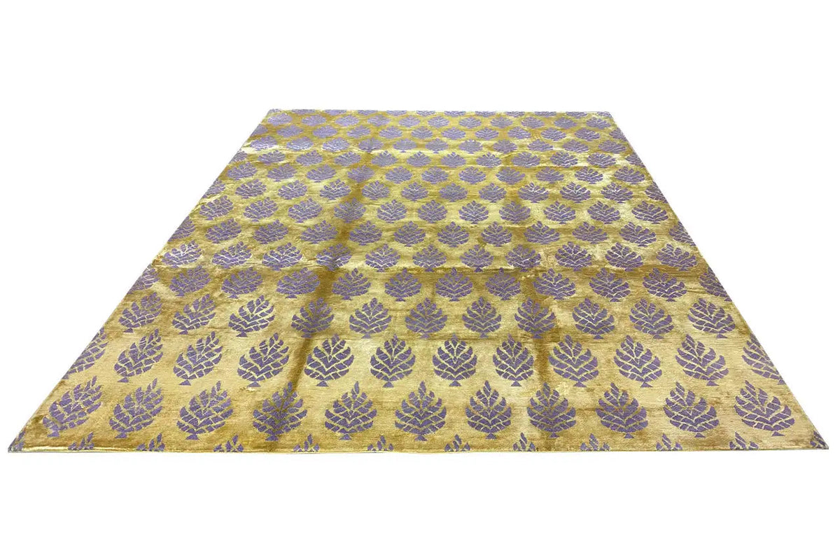 Designer rug, yellowish with a purple ornamental pattern, wide cut laid flat