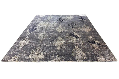 Designer rug, rectangular: blue-gray pattern with fine ornaments and a speckled effect