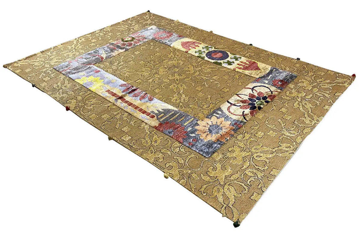 Rectangular designer rug: golden brown with ornaments and colorful borders