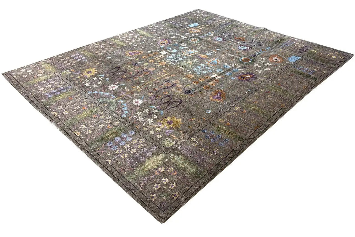 Designer rug: gray background with colorful floral ornaments, spread out in a square shape