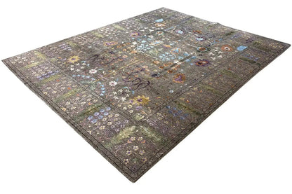 Designer rug: gray background with colorful floral ornaments, spread out in a square shape