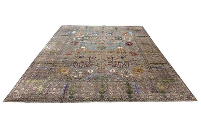 Designer rug with a gray pattern and colorful floral and linear ornaments, rectangular