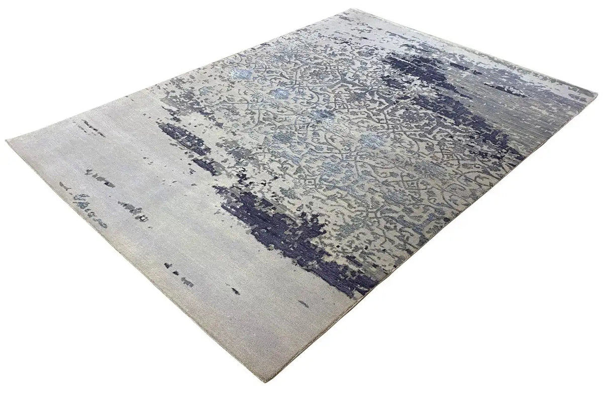 Designer rug with an abstract ornamental pattern, light beige and dark blue