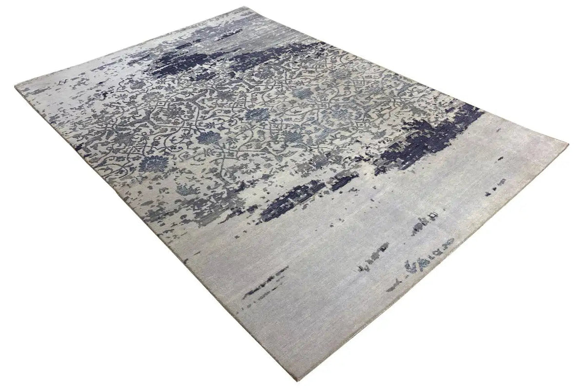 Designer rug with an abstract ornamental pattern, light beige and dark blue, rectangular