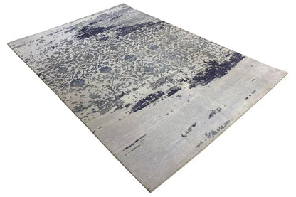 Designer rug with an abstract ornamental pattern, light beige and dark blue, rectangular