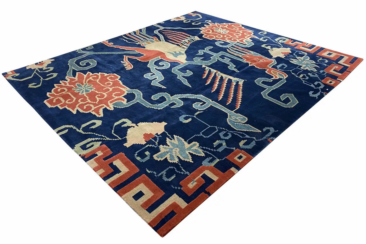 Bo Hamsa rug 304x253 cm: dark blue background with colorful ornaments