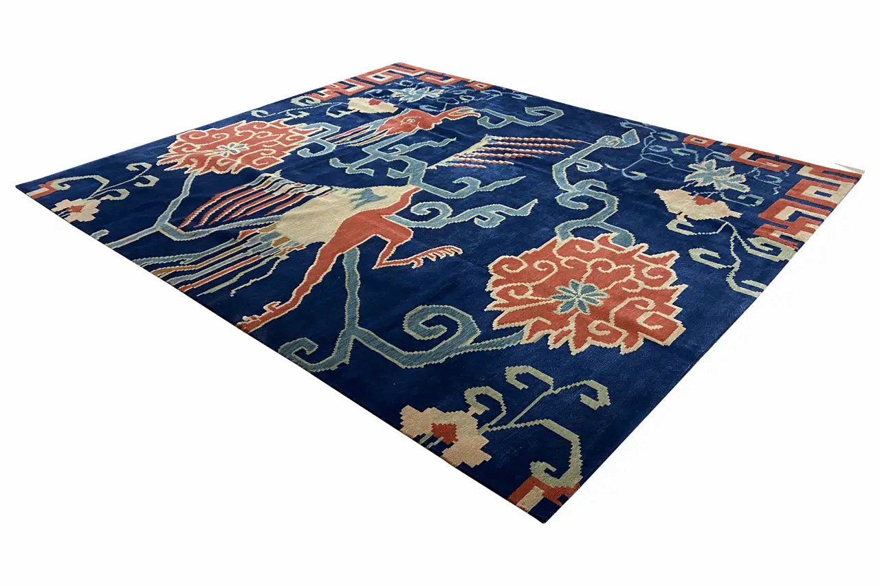 Bo Hamsa rug 304x253 cm: diagonal view, dark blue with multicolored ornaments