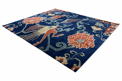 Bo Hamsa rug 304x253 cm: diagonal view, dark blue with multicolored ornaments