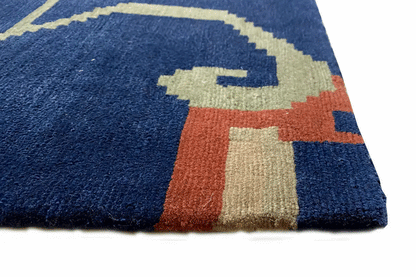 Bo Hamsa rug 304x253 cm, close-up: pile and colorful border on dark blue