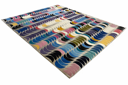 Rug 250x300 cm with a contrasting wave pattern in blue, pink, and yellow