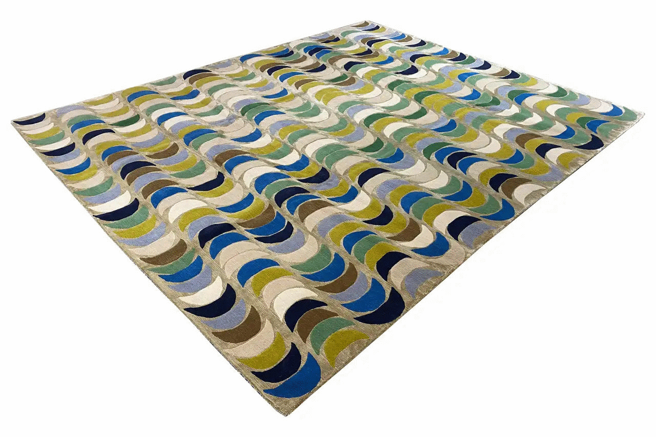 Rug with a wave pattern in blue, green and cream, approx. 250x300 cm