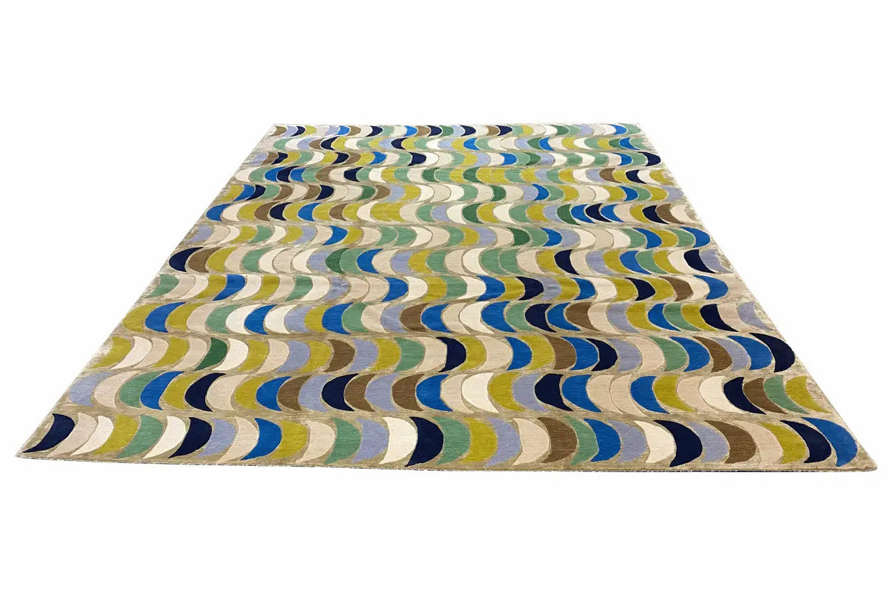 Rectangular rug with a blue and green wave pattern on a light background, 250x300 cm