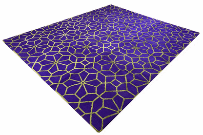 Designer rug with geometric line pattern, purple base, and yellow-green outlines