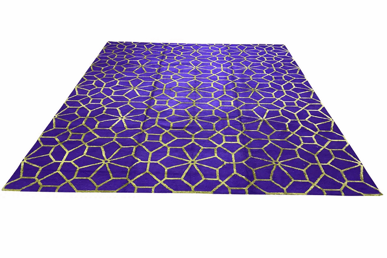 Designer rug, flat-woven rectangle with a purple pattern and golden yellow-green lines