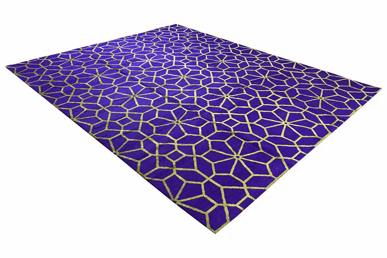 Designer rug with a diamond lattice pattern, purple background and yellow-green lines