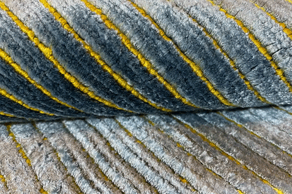 Detailed view: Blue-gray rug with yellow, narrow lines and a short pile