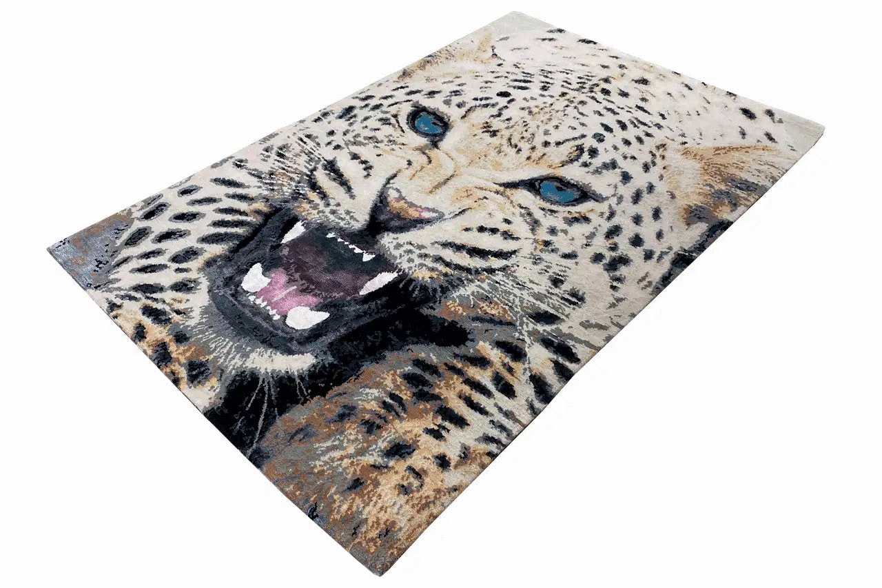Designer rug with leopard head motif, blue eye, multicolored pattern