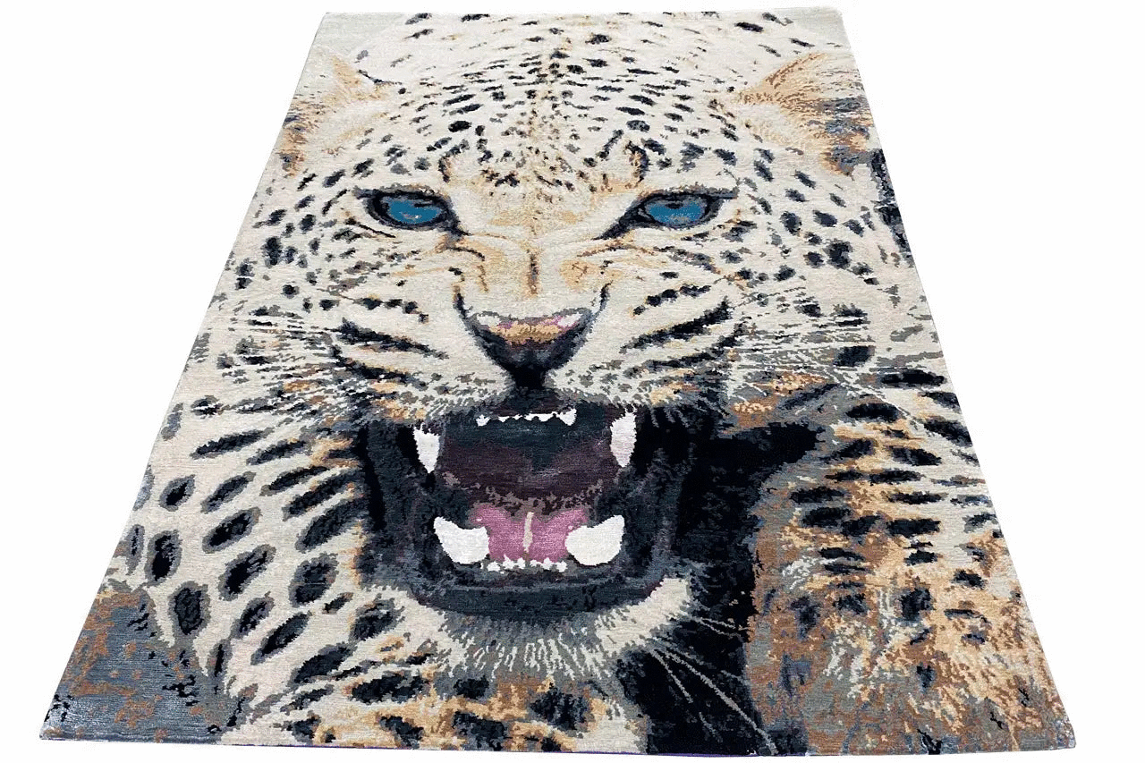 Designer rug with a large leopard head, black spots, and an open mouth