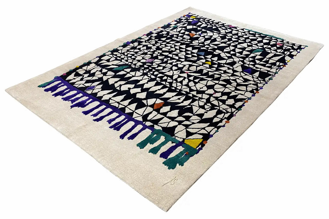 Rug 172x242 cm with a geometric diamond design in black, blue and turquoise