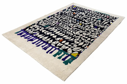 Rug 172x242 cm with a geometric diamond design in black, blue and turquoise
