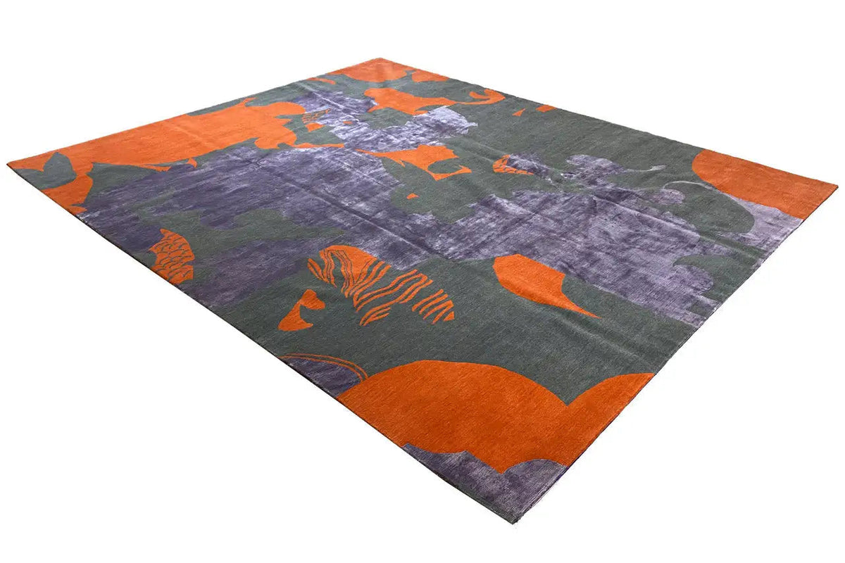 Designer rug with orange Hamsa shapes and a purple-gray color field