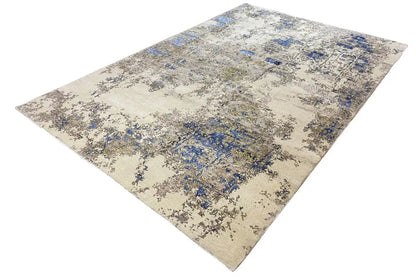 Beige designer rug with blue abstract pattern, 304x198 cm
