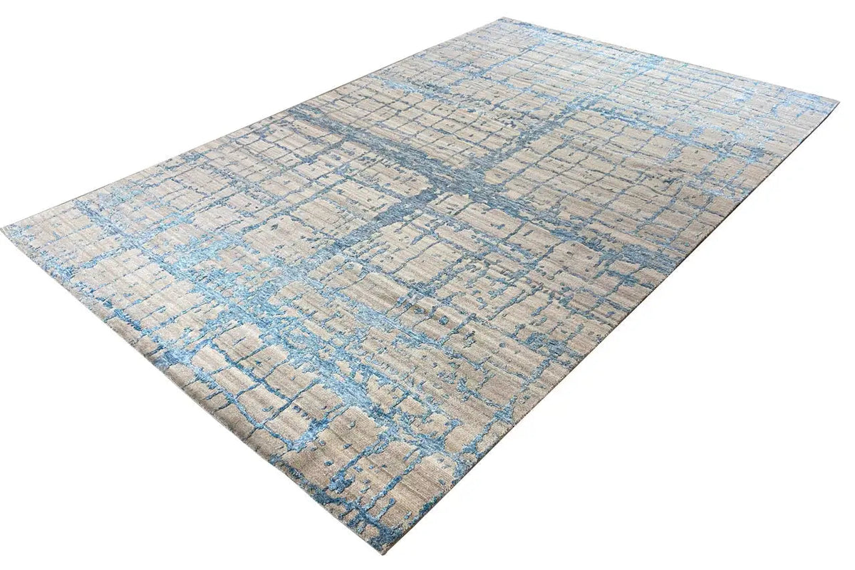 Designer rug 310x197 cm with a beige background and blue linear pattern, rectangular