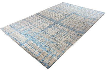 Designer rug 310x197 cm with a beige background and blue linear pattern, rectangular