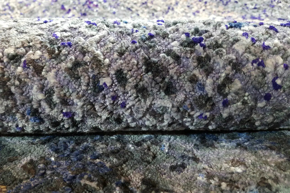 Designer rug 300x246 cm with gray pile and blue-violet accents, densely woven