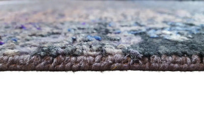 Designer rug 300x246 cm: close-up of the edge, multicolored pile in gray/blue-purple