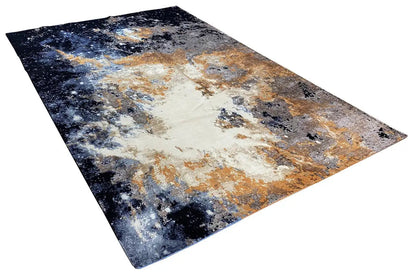 Rug with an abstract retro look, color splashes in dark blue, beige, gray, and orange