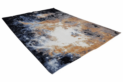 Rug with an abstract pattern in blue, gray, and rust orange, cut into a rectangular shape