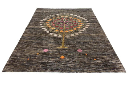 Dark brown rug with a tree-circle ornament, colorful dots, and a central trunk