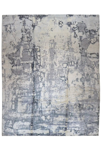 Designer rug with an abstract vintage pattern in gray, beige, and blue, rectangular