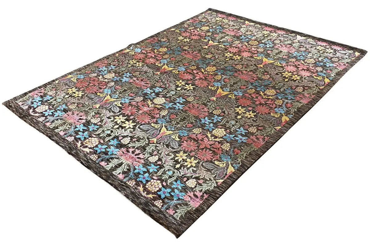 Designer rug 3390: dark low-pile carpet with a colorful floral and ornamental pattern