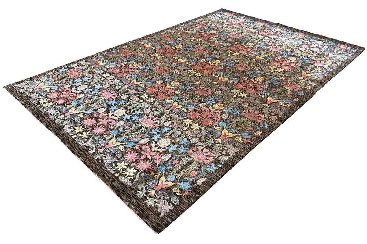Designer rug: rectangular, colorful floral and bird pattern with a dark border