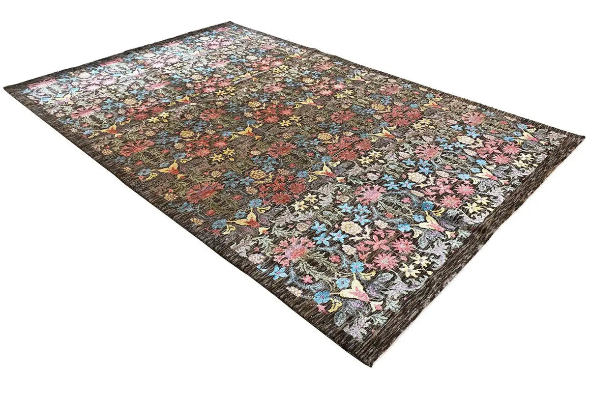 Colorful rectangular rug with floral ornaments and birds, dark edges