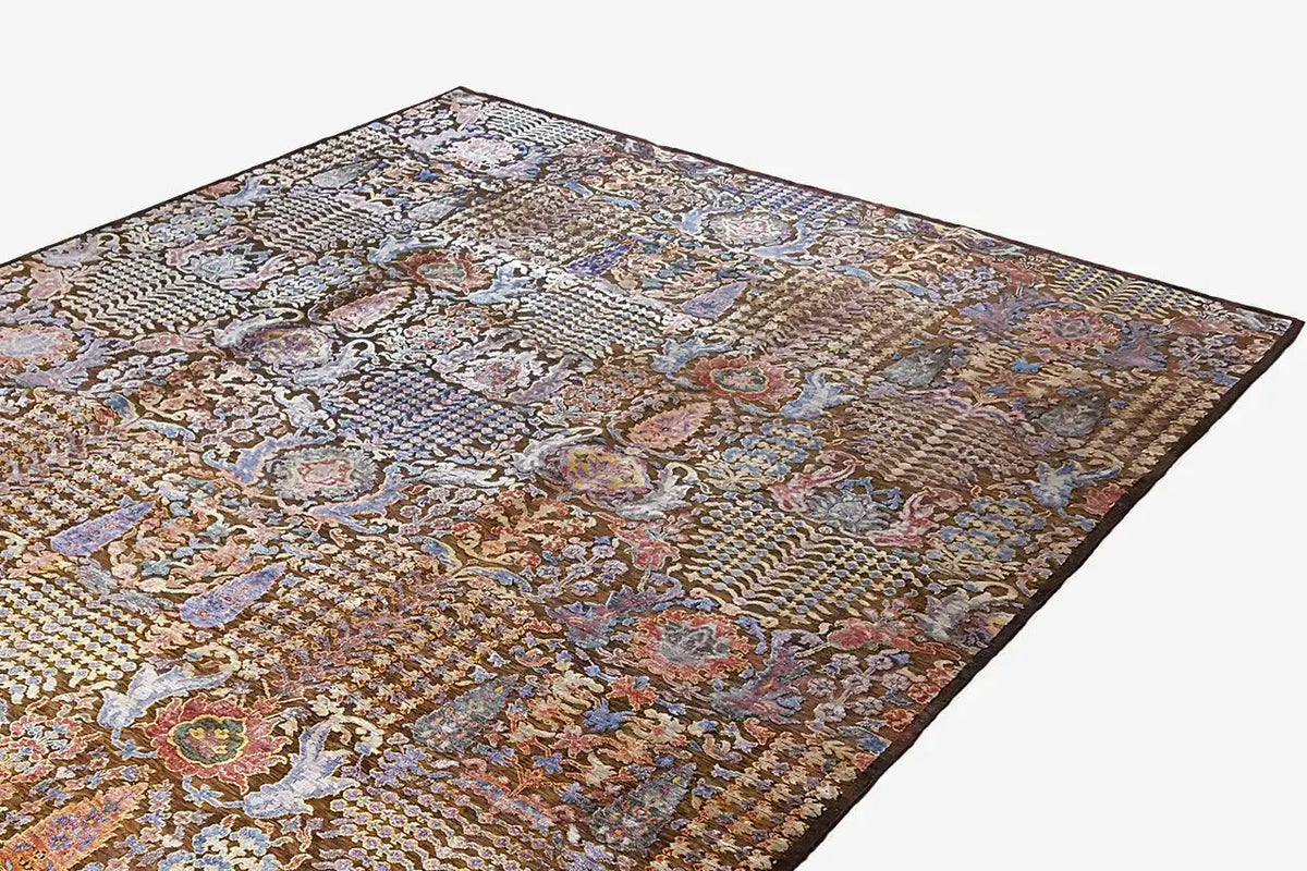 Rectangular rug with a Baroque ornamental pattern, multicolored on a dark brown background.