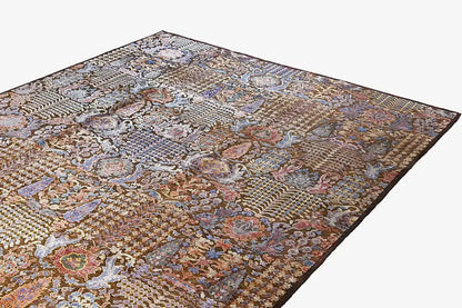 Rectangular rug with a Baroque ornamental pattern, multicolored on a dark brown background.
