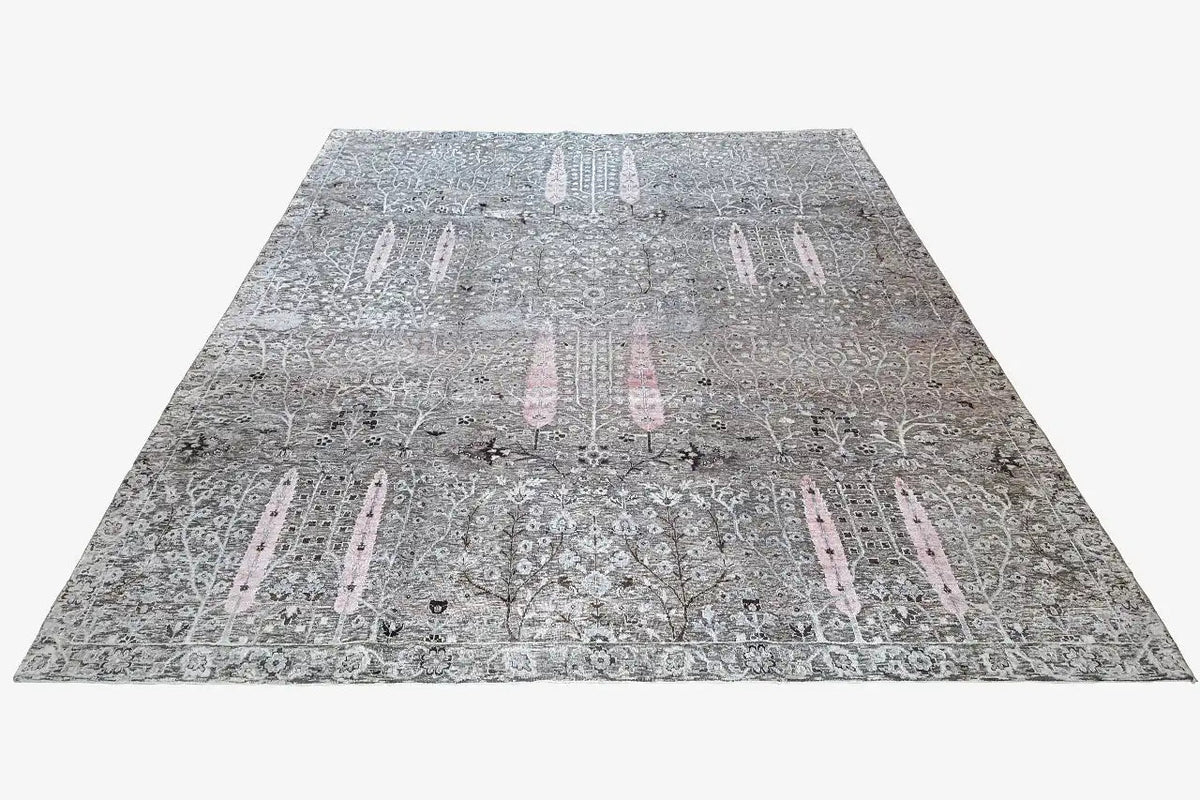 Carpet, top view: gray ornamental field with symmetrical central accents