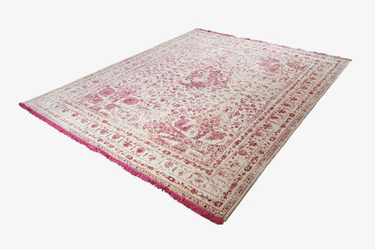 Designer rug with a vintage floral pattern, cream/pink, with fringes