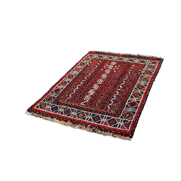 Rug with a red striped pattern and geometric borders in dark blue and white