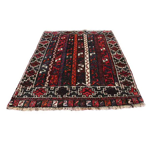 Rectangular Oriental rug with stripes and geometric borders, dark red, blue, and black