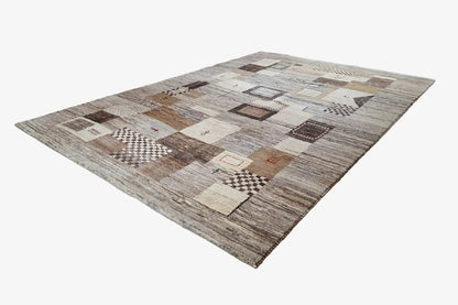 Gabbeh rug with a patchwork pattern in gray/beige/brown, rectangular
