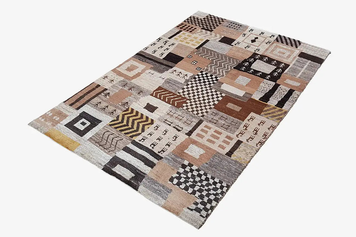 Gabbeh rug 184x125 cm with geometric patchwork in beige, brown, and black
