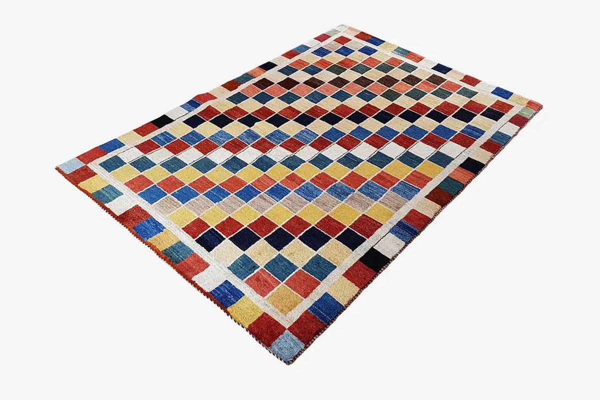 Gabbeh rug (196x132 cm) with multicolored checkered design and geometric lines