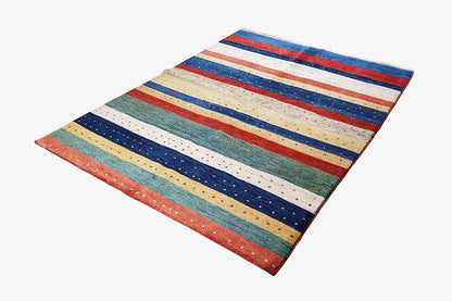 Gabbeh rug with horizontal stripes in blue, red, beige, and green, rectangular.