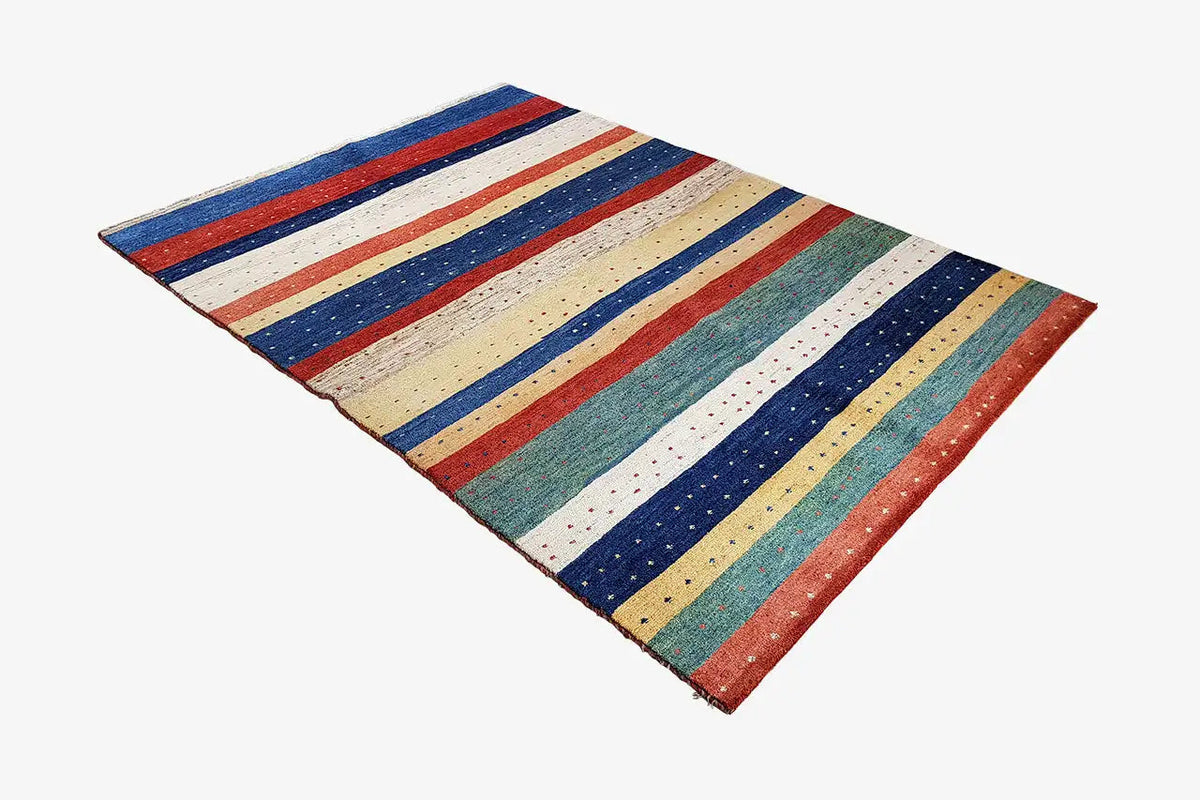 Gabbeh rug with horizontal stripes in blue, red, beige, and green, rectangular.