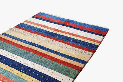 Gabbeh rug with distinct horizontal stripes in blue, red, beige, and green, rectangular.